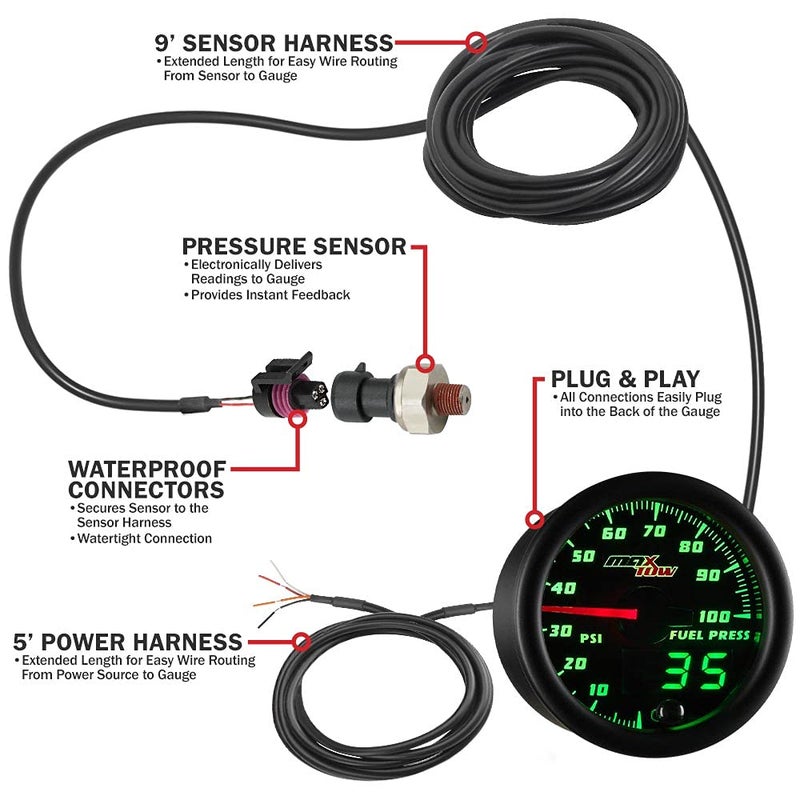 MaxTow Double Vision 100 PSI Fuel Pressure Gauge Kit - Includes 1/8-27 NPT Electronic Sensor & Wiring - Black Dial - Green LED Lighting - Analog & Digital Readouts - for Trucks - 2-1/16" 52mm - Image 3